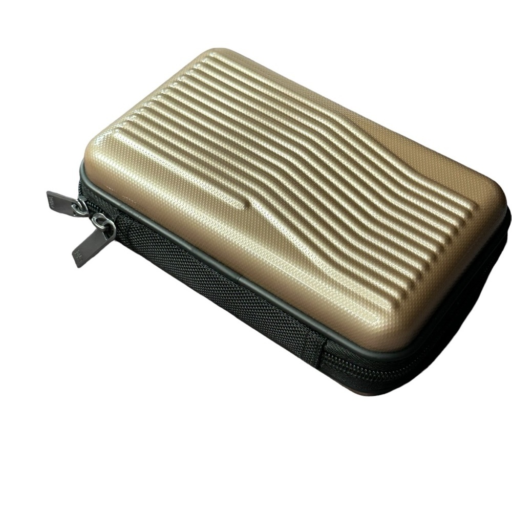 Open Story Hardside Miniature Travel Case  Elastic Mesh Pockets Gold Zip Close